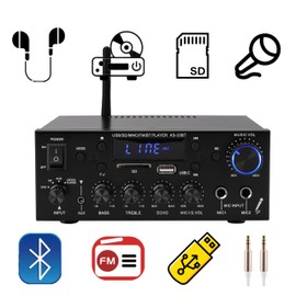 Amplifier Audio 800W, Home Stereo Amplifier with 2-Channel, RMS 60Wx2, Bluetooth 5.0, HiFi Mini Amp with Echo, MIC, USB, SD, AUX, for Home, Car, Karaoke KS-33BT