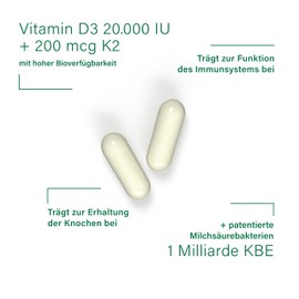 Nupure® Vitamin D3 K2 20000 IE + Vitamin K7 200 mit 1 Mrd CFU Lactobacillus Rhamnosus NU11 Hochwirksame 3-in-1 Formel mit veganem D3, natürlichem K2, Non-GMO, magenresistent, 30 Kapseln BiomOpti+®