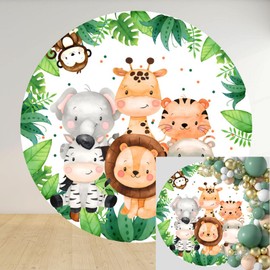 Yeele 6ft Safari Animals Round Backdrop Cover Jungle Forest Animals Tropical Plant Leaves Circle Backdrop Banner Safari Birthday Party Decoration Photo Booth Background