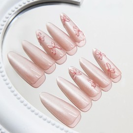 3D Butterfly Cat Eye Press on Nails Long Stiletto 24Pcs Glossy Pink Cat Eye Acrylic False Nails Cat Eye Fake Nails Gel Glue on Nails for Manicure 3D Butterfly Stick on Nails for Coquette Women Girls