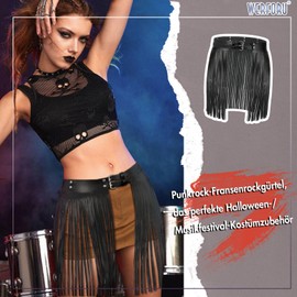 WERFORU Women's Fringe Skirt Belt Fashion Faux Leather Tassel Skirt Women Punk Rock Waist Belt, A-black tassel length 40 cm