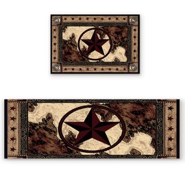 Kitchen Mat Set 2 Piece Kitchen Rugs, Retro Style Western Texas Star PatternRustic Soft Waterproof Non-Slip Rubber Backing Floor Mats Doormat Bathroom Runner Area Rug Carpet, 15.7x23.6in + 15.7x47.2in
