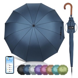 ZOMAKE 54.8 Inch Large Golf Umbrella With Wood Hook Handle 12 Ribs - Automatic Open Stick Umbrellas Windproof Curved Handle Umbrella Cane, Golf Umbrella With J Hook for Men(Navy Blue)