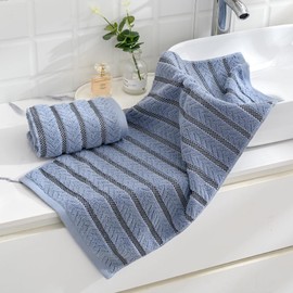 sense gnosis Super Soft Jacquard Luxury Hand Towel Ribbed Striped 100% Cotton Absorbent Decorative hand Towel for Bathroom 13 x 29 Inch (Blue, 2 Pack)
