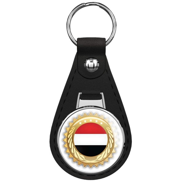Yemen World Flag Badge Keychain Black Premium Leather Key Chain