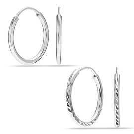 LeCalla Set of 2 Pairs 925 Sterling Silver Endless Sleeper Diamond-cut Classic Hoop Earrings for Women 30mm
