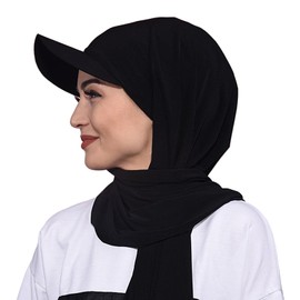 Women Hijab with Baseball Cap One-Piece Islamic Muslim Scarf Caps Long Scarves Headwrap Prayer Turban Hat Arabia Summer Sun Protection Hat (Black)