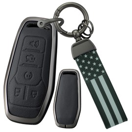 ontto 5-Button Key Housing Fit for Lincoln MKC MKX MKZ 2013-2018 Metal Key Bag Leather Key Fob Cover Fit for Ford F150 Fusion Mustang Edge Explorer 2013-2017,with USA Flag Keychain,Black