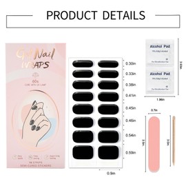 WOKOTO Semi Cured Gel Nail Strips (Black)-16 Pcs Gel Nail Stickers | Gel Nail Wraps | UV Light Required, Salon Quality & Easy To Use, Real Nail Polish Strips Stick On Nails Kit With Nail File