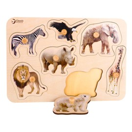 CL3744 Classic World Safari Peg Puzzle, 1 Year Old Wooden Puzzle, 1 Year Old Puzzle Animal, Wooden Toy, Educational Toy, Baby, 12 Months, 1.5 Years Old