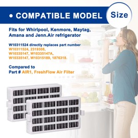 W10311524 Refrigerator Air Filter Replacement Compatible With Whirlpool, AIR1, Maytag, Kitchenaid, and Jenn-Air，Kenmore Fresh Flow Refrigerator Air Filter - 6 Pack