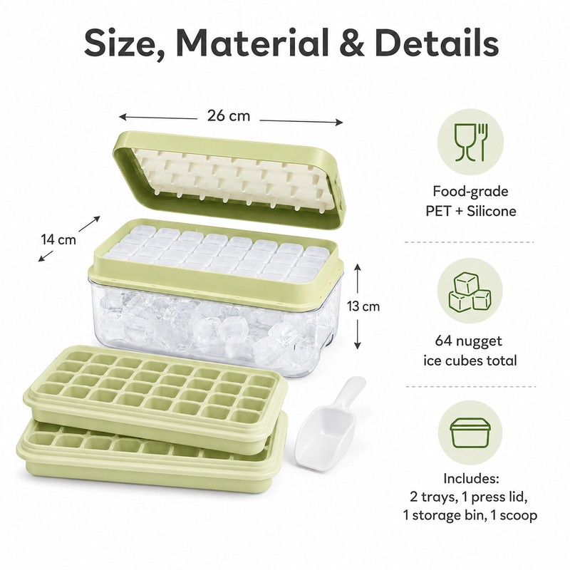 64-Cube Ice Tray Set for Freezer – Easy-Press Silicone Molds