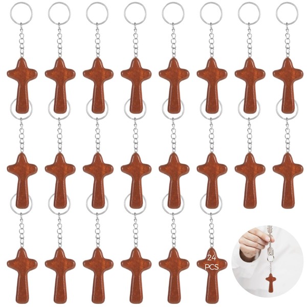 Anjetan 24 PCS Pocket Cross Keychains, Wooden Cross Keychains with