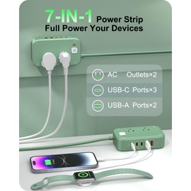 KWRNVO Flat Plug Power Strip, 20W USB C Power Strip with 2500W AC Outlects, 3 USB-C Ports, 2 USB-A Ports, 5FT Flat Extension Cord Outlet Extende Desk Charging Station for Home/Office/Travel Essentials