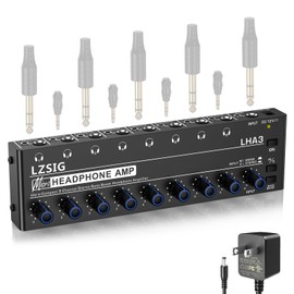 LZSIG Headphone Amplifier 8 Channel Metal Stereo Audio Amplifier with Bass Boost, Mini Earphone Splitter with Power Adapter,1/4" & 1/8" TRS Headphones Output and TRS Audio Input,DC 12V