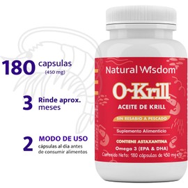 O-Krill Aceite de Krill Omega 3 EPA DHA Antioxidante Salud Cardiaca Memoria 180 capsulas Astaxantina  Krill Oil Suplemento Alimenticio Natural Sin