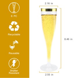 MR.FOAM Disposable Champagne Flutes,6PC Gold Rim Champagne Glasses for Parties Plastic Champagne Flutes Cups Toasting Glasses,Mimosa,Wedding and Shower Party Supplies 6.5 OZ (Gold Rim)