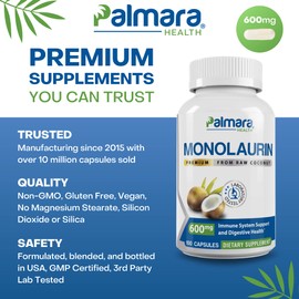 Palmara Health Premium Monolaurin 1,200mg per Serving, 1 Pack (100 Capsules)