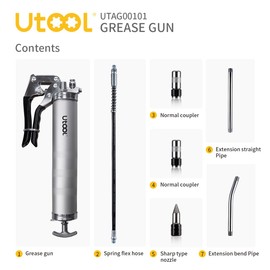 UTOOL Grease Gun, 8000 PSI Heavy Duty Pistol Grip Grease Gun Kit with 14 oz Capacity, 18 Inch Resin Flex Hose, 2 Basic Coupler, 2 Extension Rigid Pipe and 1 Sharp Type Nozzle, Argent Matte Finish