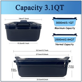 Baking Pan with Handles, Lasagna Pan Deep for Oven, Ceramic Casserole Baking Dish with Lid for Dinner, Banquet, and Party (navy blue(3.1 Quarts))