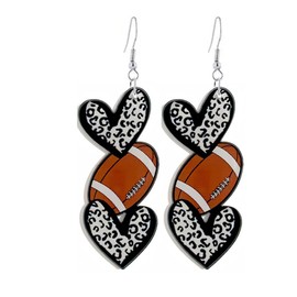 Acrylic Sports Ball Heart Shaped Dangle Drop Earrings for Women Cute Football Basketball Volleyball Baseball Softball Leopard Print Love Shape Earrings Sport Game Day Jewelry Gift-Football