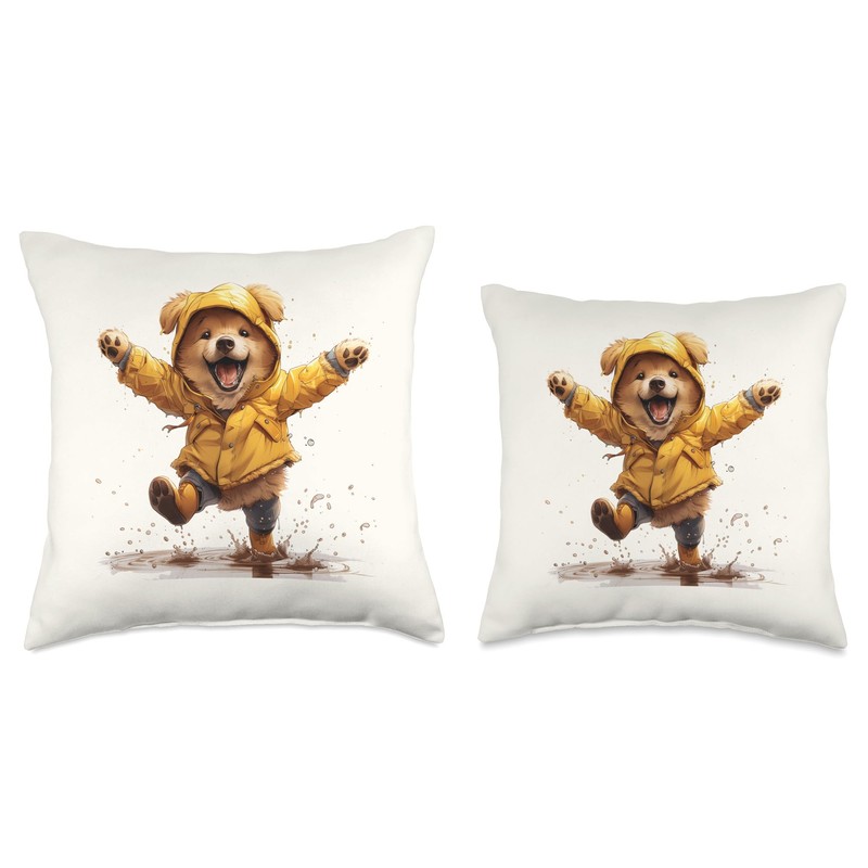 Cute Welsh Corgi Dog Wearing Yellow Raincoat Raindrops Puppy Throw