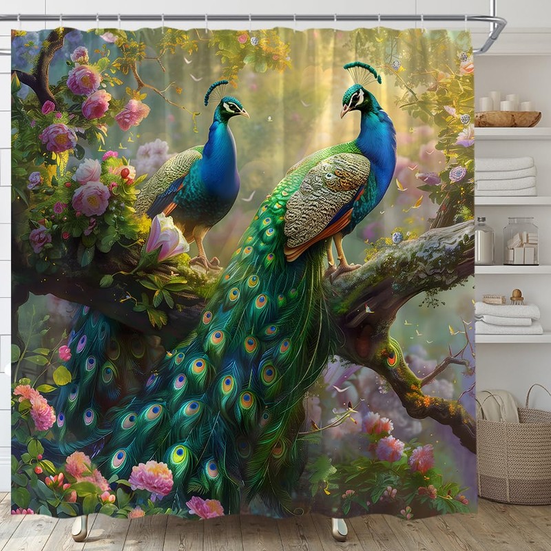 MSAYNFG Peacock Shower Curtain Beautiful Birds Floral Branches Wildlife Animal