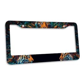 2Pcs Cool Tiger License Plate Frame Wild Animal Tigers Flower Art License Plate Personalise Stainless Steel Metal Car Plates Funny License Plate Frames Decorative for Men Women 12x6 Inch