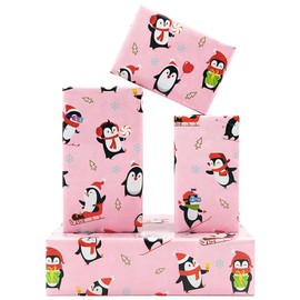 Christmas Wrapping Paper, Pink Christmas Penguin Wrapping Paper, 4 Folded Sheets 50 x 70 cm, Penguin Christmas Paper for New Year, Christmas, Winter Holidays