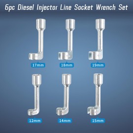 WAYCOJOY 6pc 1/2" Dr Diesel Injector Line Socket Wrench Set, 12pt Diesel Fuel Line Socket Set, 12 14 16 17 18 19mm Wrenches L-Type, Fuel Line Dismantling Removal Tool