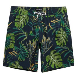 MaaMgic Mens Stretch Swim Shorts 9 inch Swim Trunks Quick Dry Bathing Suits with Mesh Lining,Leaves Navy,Medium