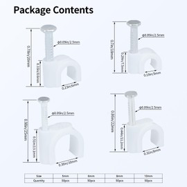LeMotech 200pcs Cable Clips 5/6/8/10mm Cable Nail Clips Cable Tacks Coaxial Nail Clamps for Cable Cord Management RG6 RG59 CAT5 CAT6 RJ45 Electrical Ethernet Coaxial Clamps, White