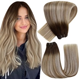 Hetto Real Hair Weft Extensions Balayage Weft Extensions Remy Real Hair Wefts Hair Extension Dark Brown Mix Ash Brown and Medium Blonde 80 g 35 cm