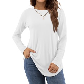 Amoretu Women's Long Sleeve Tunic Tops Fall Crew Neck Casual Loose Shirts, White L