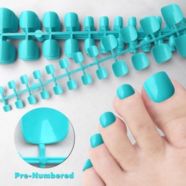 LoveOurHome 240pc Colored Press on Toenails Full Cover Fake Toe Nails Glossy Short Square Blue False Toenails French Artificial Pedicure Acrylic Tips with Gel Glue Adhesive Tabs for Women Girls