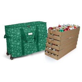 Covermates Keepsakes Rolling Adjustable Ornament Storage Bag - Carrying Handles, Padded Protection, Dual Wheels - Holiday Storage-Green Snowflake
