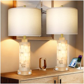 27" Natural Alabaster And Wood Table Lamp Set of 2 With Night Light Nightstand Lamps With USB Ports White Linen Fabric Shade Bedside Lamp Decor For Living Room Bedroom Home Office Hotel Bar House