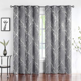 Fmfunctex Silver Tree Grey Blackout Curtains 63 inches for Bedroom Living Room Metallic Branch Print Window Panels Thermal Insulated Drapes for Guest Room Hotel Grommet Top 2 Pack