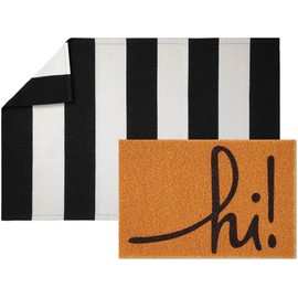 Maasechs 2 Pcs Hi Doormat 24'' x 35'' Black White Stirpes Outdoor Rug and 24'' x 16'' Coir Doormat Welcome Mat Non Slip Floor Mat for Outside Entrance Front Porch(Hi)