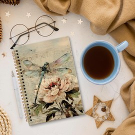 XNXLDYLH Vintage Dragonfly Shabby Chic Notebook Journal, Vintage Aesthetic Floral Spiral Notebook, Cottagecore Flower Journals Notebooks for Women, Dragonfly Office School Supplies Gifts, 5.5x8.3 Inch