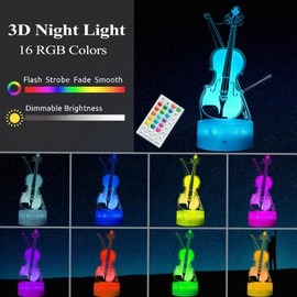 POSSHE Violin Night Light, Violin Gift 3D Illusion Lamp with 16 Colors Changing Timer, 4 Flash Modes and Variable Intensity, Kids Room Decor