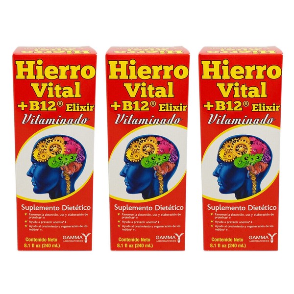 Hierro Vital B12 Dietary Supplement. Multi-vitamin Complex. 8.1 fl.oz. Pack of 3
