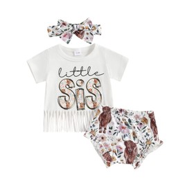 BSaogr Toddler Girl Western Outfit Tassel T-shirt Cow Flower Print Shorts Headband 3Pcs Sisters Matching Sets Summer Clothes (Little White, 0-3 Months)