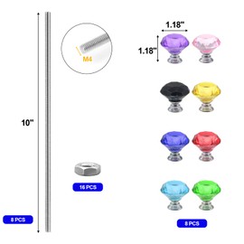 32 Pack 8/32 Stainless Steel Threaded Rods for Beads with Crystal Knobs, Include 8 Pcs M4 Fully Threaded Rod with 16 Pcs M4 Hex Nuts and 8 Pcs Mixed Color Crystal Knobs Set(10inch)
