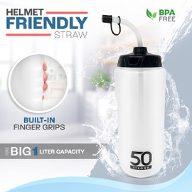 50 Strong 1 Liter Water Bottle with Straw – 2-Pack Easy-Squeeze Sports Bottles with Long Straw & Built-In Finger Grip – BPA-Free – Made in USA – Ideal for Hockey, Football, Lacrosse & Boxing