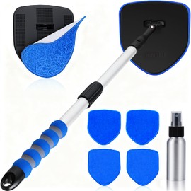 XINDELL Windshield Cleaner Tool, Car Window Cleaning Kit with 5 Reusable Microfiber Pads, Extendable Handle & 360° Rotating Head, Safety Hammer, Streak-Free Auto Glass Wiper for Car Truck SUV RV