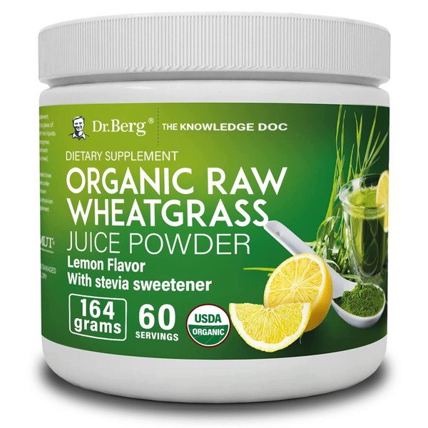 Dr. Berg's Raw Wheatgrass Juice Powder (60 Servings) - USDA Certified Organic Wheatgrass Powder w/Chlorophyll, Trace Minerals & Natural Enzymes - Ultra-Concentrated - Lemon Flavor w/Stevia 1 Pack