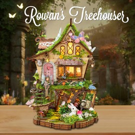 DIY Miniature House Kit - Mini Dollhouse Fantasy Fairy Forest building kit with LED, 3D Wooden Puzzles Stress Relief Model Kit Gifts for Family Friends - Rowen's Treehouse(SQ-80)