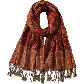 Paisley Flowers Borders Pattern Pashmina Silk Scarf Shawl Wrap Blanket Reversible Comfortable With Fringes (6-Rust Camel)