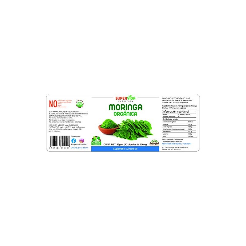 Moringa Orgánica 180 Cápsulas (2 Frascos de 90 Cápsulas Vegetales